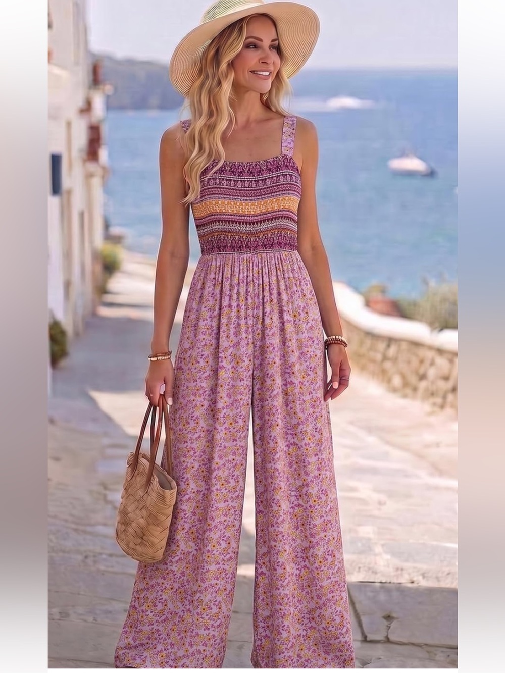 NWT Dokotoo Floral Smocked Wide Leg Jumpsuit Boho Striped Bodice Size Large